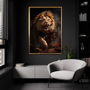 Majestuoso arte del lienzo del león rugido, decoración dinámica de la pared de la vida silvestre, retrato intenso del rey safari