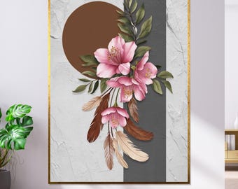 Pink Blossom Feathers Canvas, Botanical Floral Wall Art, Ready to Hang