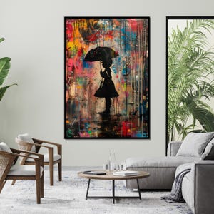 Colorful Umbrella Girl, Silhouette Canvas Art, Street Art Style, Wall Art Canvas Design, Ready to Hang Decoration