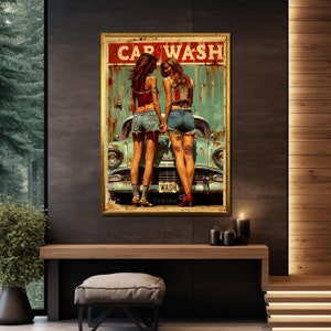 Vintage carwashposter, klassiek Americana canvas, retro denim modekunst, old-school automotive decor, kunst aan de muur voor verzamelaars