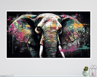 Cuadro abstracto de elefante sobre lienzo, estilo grafiti, listo para colgar.