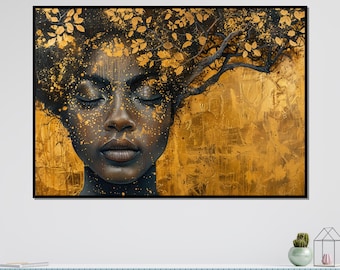 Golden Dream, Afrocentric Art Canvas, Abstract Portrait Wall Art, Gold Leaf Canvas Design, Ready To Hang, Aesthetic Decor Print