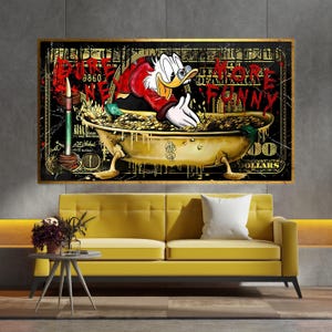 Rich Duck Canvas, Money Bath Duck Art, Cartoon Wall Art, Pop Art Canvas Design, Dollar Cartoon Print, Ready To Hang Decor, Funny Wall Art