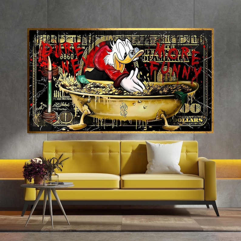 Rich Duck Canvas, Money Bath Duck Art, Cartoon Wall Art, Pop Art Canvas Design, Dollar Cartoon Print, Ready To Hang Decor, Funny Wall Art