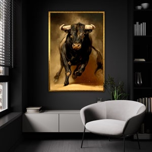 Charging Bull Canvas Print, Dynamic Animal Art, Vigorous Bull Painting, Ready-to-Hang Home Decor