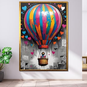 Lienzo colorido de globo aerostático, arte de pared de niño en globo, póster estilo arte callejero, decoración lista para colgar