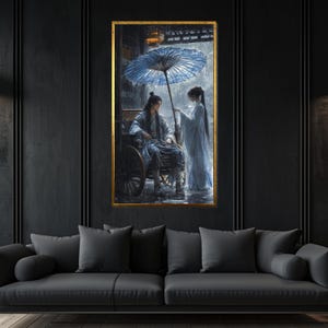 Romantic Rain Canvas, Couple Under Umbrella Art, Traditional Clothing Print, Wall Art Canvas Design, Ready To Hang Decoration