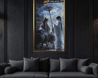 Romantic Couple in Rain Canvas, Traditional Clothing Art, Ready to Hang