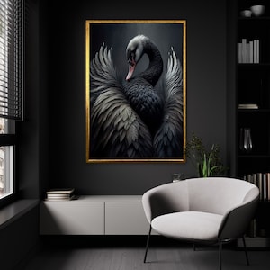 Majestuoso lienzo de cisne negro nocturno, llamativo arte de pared de plumas oscuras, opulenta decoración aviar