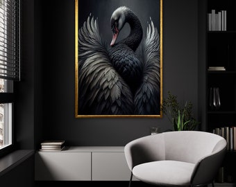 Majestic Nocturne Black Swan Canvas Print, Striking Dark Feathers Wall Art, Opulent Avian Decor