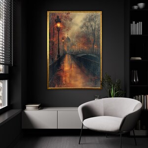 Tela artistica del ponte autunnale Reverie, scena romantica parigina, decorazione per la casa al bagliore della lampada, eleganza pronta da appendere, poster serale urbano