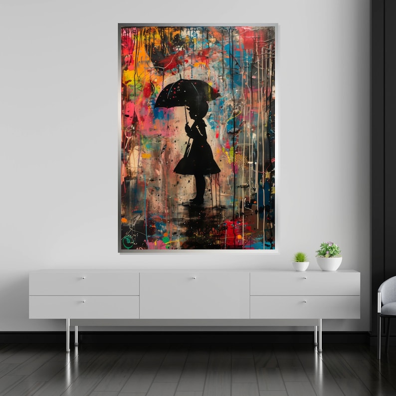 Colorful Umbrella Girl, Silhouette Canvas Art, Street Art Style, Wall Art Canvas Design, Ready to Hang Decoration