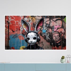 Graffiti Bunny Canvas, Headphones Rabbit Art, Street Art Print, Wall Art Canvas Design, Ready to Hang Home Décor, Urban Art Poster