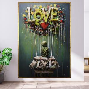 Arte en lienzo Love Swing, póster de amor con colores que gotean, arte de niño en columpio, diseño de lienzo para arte de pared, decoración lista para colgar