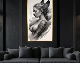 Tattooed Winged Woman Canvas, Ethereal Angel Art, Monochrome Beauty Poster, Wall Art Canvas Design, Ready to Hang Decoration