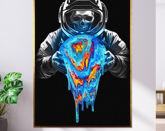 宇宙飛行士の頭蓋骨のキャンバスアート、宇宙の滴りの壁アート、サイケデリックな宇宙のポスター、壁アートのキャンバスデザイン、すぐに飾れる装飾