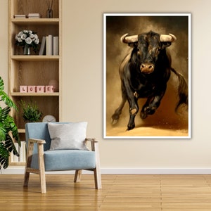 a painting of a bull running in a room