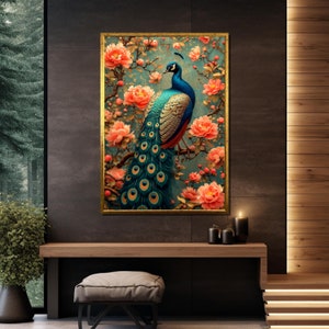 Arte de lienzo de pavo real, estampado de peonías en flor, plumaje verde azulado vivo, decoración de pared de aves botánicas, elegancia floral, ilustración de animales exóticos