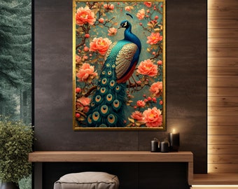 Peacock Canvas Art, Blossoming Peonies Print, Vivid Teal Plumage, Botanical Bird Wall Decor, Floral Elegance, Exotic Animal Illustration