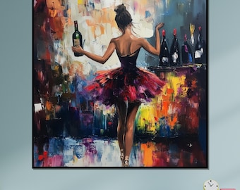 Könnte beinhalten: Ein farbenfrohes abstraktes Gemälde einer Ballerina, die eine Flasche Wein hält. Die Ballerina trägt einen roten und violetten Tutu und steht vor einer Bar mit Weinflaschen auf der Theke.