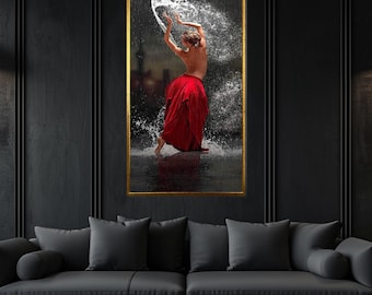 Red Dress Dancer Canvas, Rain Motion Art, Ready to Hang