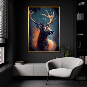 Arte de pared de ciervo real, impresión de arte de lienzo de ciervo majestuoso, arte de pared de desierto rústico, retrato de alce coronado de bosque vibrante