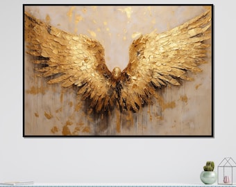 Golden Angel Wings Canvas, Abstract Textured Wall Art, Ready to Hang