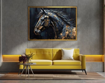 Midnight Majesty Equine Portrait, Gold Flecked Horse Canvas Art, Majestic Stallion Wall Décor, Noble Beast with a Golden Touch