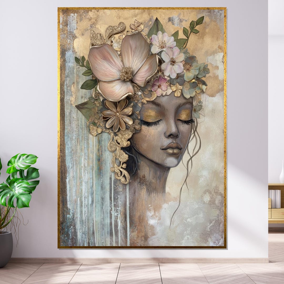 Floral Dreamer Canvas, Ethereal Woman Portrait, Flower Crown Wall Art ...