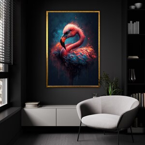 Lienzo de extravagancia de pluma carmesí, arte de pared de esencia de flamenco vívido, gracia aviar radiante, esplendor listo para colgar