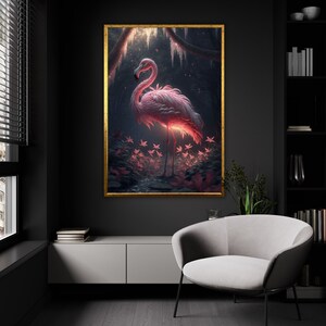 Lienzo de flamenco del bosque encantado, arte de pared de ensueño crepuscular, aviar rosa místico, listo para colgar enigma