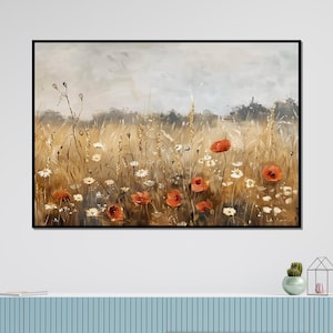 Rustikale Wildblumen Leinwand, Mohnfeld Wandkunst, Natur Landschaft Kunst, Blumen Leinwand Design, fertig zum Aufhängen, Blumendruck