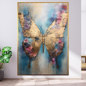 Tela farfalla dorata, arte farfalla, design di tela artistica da parete, stampa farfalla astratta, decorazione pronta da appendere, decorazione blu e oro