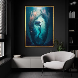 Lienzo del reino de la sirena encantada, impresión de arte submarino místico, decoración serena de la pared oceánica, cartel acuático etéreo, listo para colgar