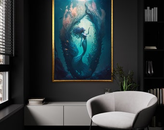 Enchanted Mermaid&#39;s Realm Canvas, Mystical Undersea Art Print, Serene Oceanic Wall Decor, Ethereal Aquatic Poster, Ready to Hang