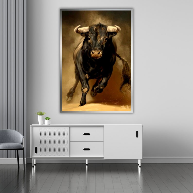 a painting of a bull running in a room