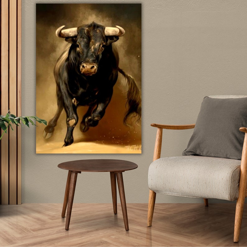 a painting of a bull running in a room