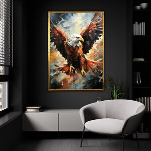 Vuelo majestuoso, impresión abstracta de arte de lienzo de águila, decoración de pared de ave rapaz altísima, pintura intensa de depredador del cielo