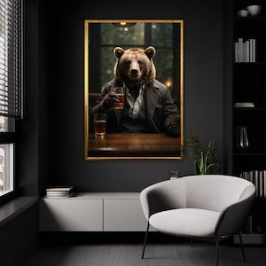 Gentleman Bear, Sophisticated Bear Canvas Print, Whiskey Connoisseur Wall Art, Quirky Animal Portrait