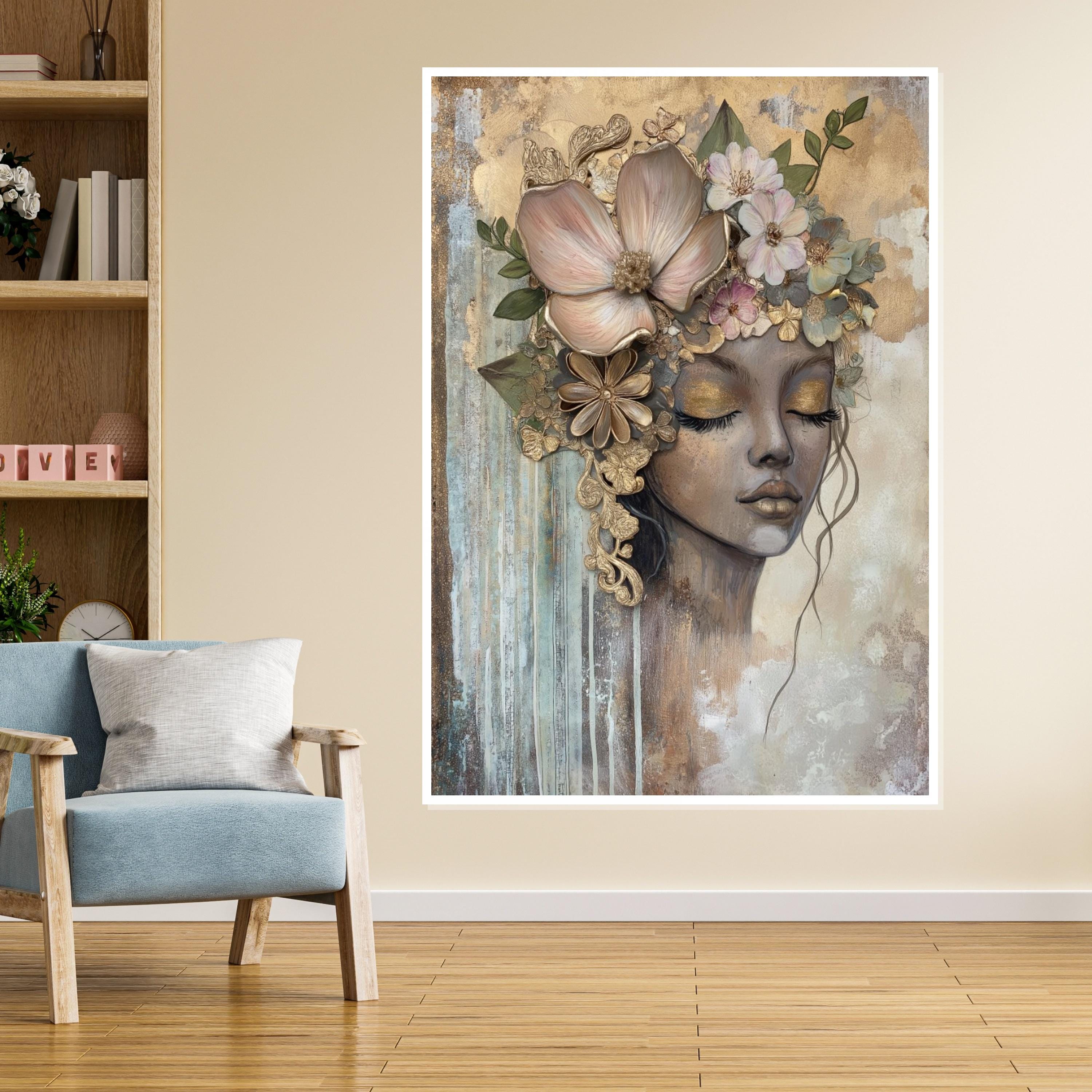 Floral Dreamer Canvas, Ethereal Woman Portrait, Flower Crown Wall Art ...