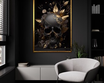 Eternal Autumn Skull Canvas, Luxe Gothic Floral Wall Art, Golden Noir Botanical Decor, Ready to Hang Elegance