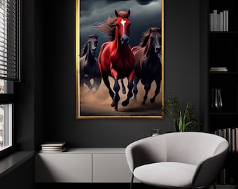 Pintura al galope de caballos abstractos, arte de lienzo hecho a mano, decoración de pared, regalo ecuestre