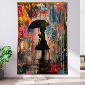Colorful Umbrella Girl, Silhouette Canvas Art, Street Art Style, Wall Art Canvas Design, Ready to Hang Decoration