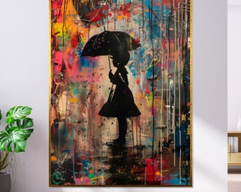 Puede incluir: Una pintura abstracta colorida con una silueta negra de una persona sosteniendo un paraguas. La pintura presenta salpicaduras de colores brillantes, incluyendo rojo, amarillo, azul, verde y morado.