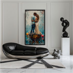 Embrace on the Sea Canvas, Romantic Sailboat Kiss, Textured Love Painting, Serene Waters Home Decor, Couple&#39;s Moment Poster, Ready to Hang