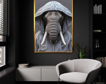 Urban Jungle Elephant Hoodie Art Print, Contemporary Wildlife Streetwear Canvas, Modern Home Decor