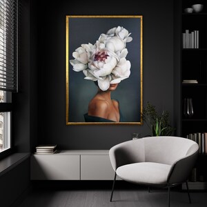 Lienzo de retrato de esencia floral, impresión de arte de identidad floreciente, arte de pared de belleza tranquila, listo para colgar decoración serena