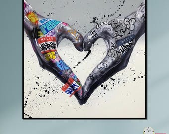 Graffiti Heart Hands Canvas, Street Art Print, Urban Wall Art, Love Gesture Decor, Wall Art Canvas Design, Ready to Hang Decoration