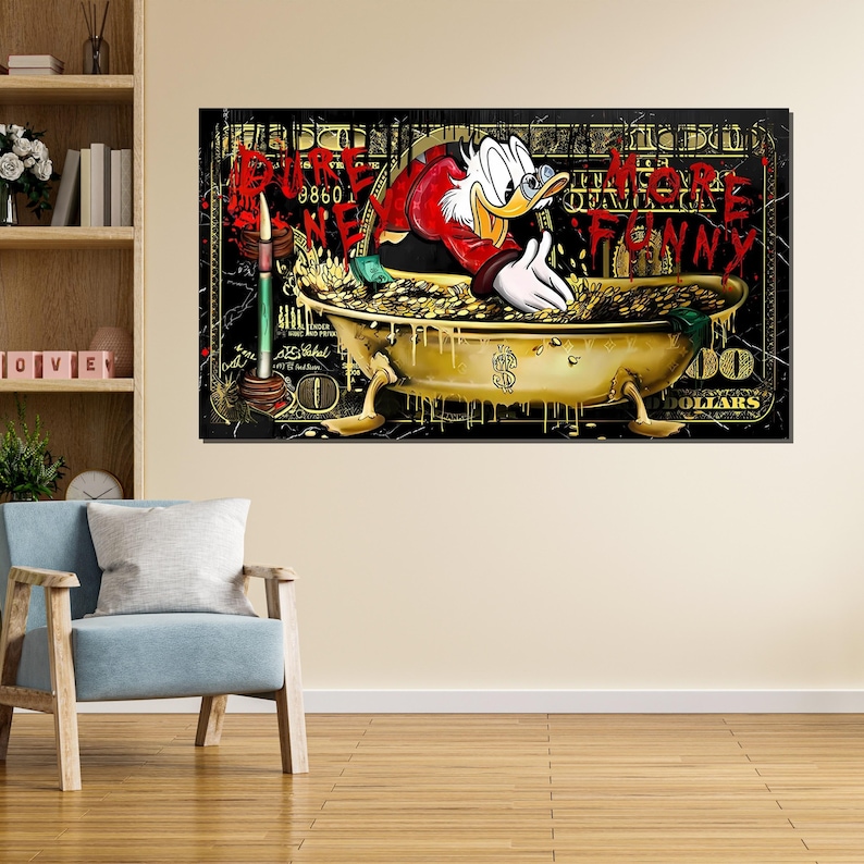 Rich Duck Canvas, Money Bath Duck Art, Cartoon Wall Art, Pop Art Canvas Design, Dollar Cartoon Print, Ready To Hang Decor, Funny Wall Art