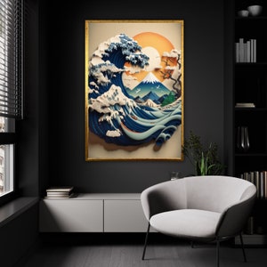 La gran ola en Kanagawa, tributo moderno a la ola de Hokusai, lienzo dinámico del oleaje del océano, majestuoso Fuji y arte de la pared del sol, listo para colgar